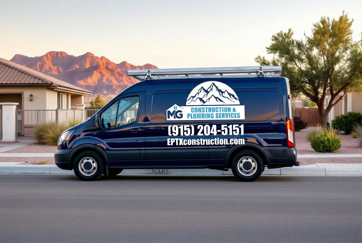 El Paso MG Services van parked in front of the Franklin Mountains
